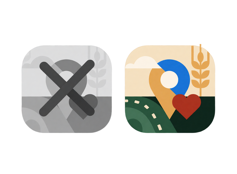 Transparent comparison graphic showing a generic dating app crossed out beside a farm-themed dating app icon