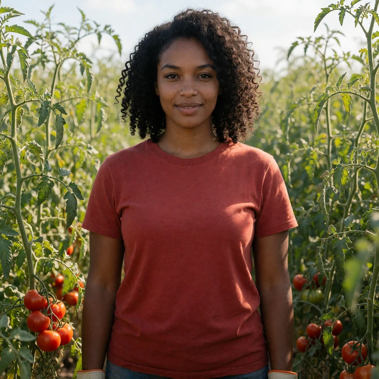 Danielle, a 28-year-old Florida woman smiling in a tomato field for a rural dating profile