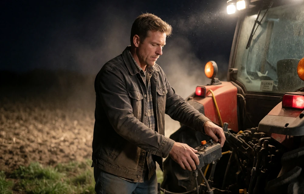 Adult male farmer working late by tractor headlights, showing how farm chores affect rural relationships