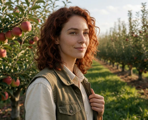 Miriam, a Jewish woman farmer smiling in a sunlit apple orchard