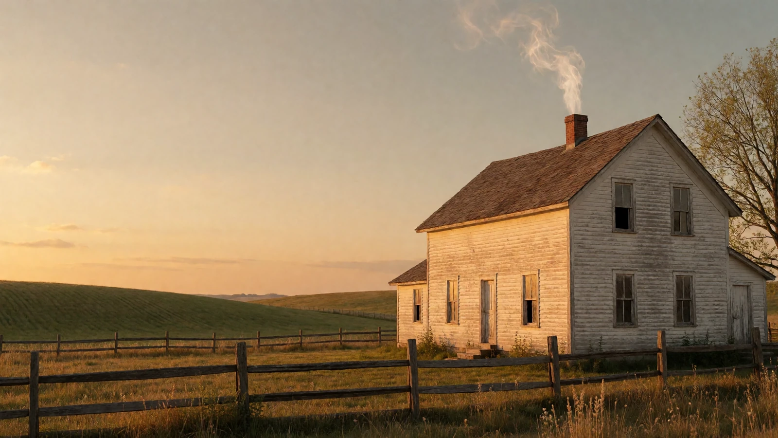A white farmhouse at golden hour with smoke rising from the chimney over rolling fields, the rural setting behind Farmers Connect