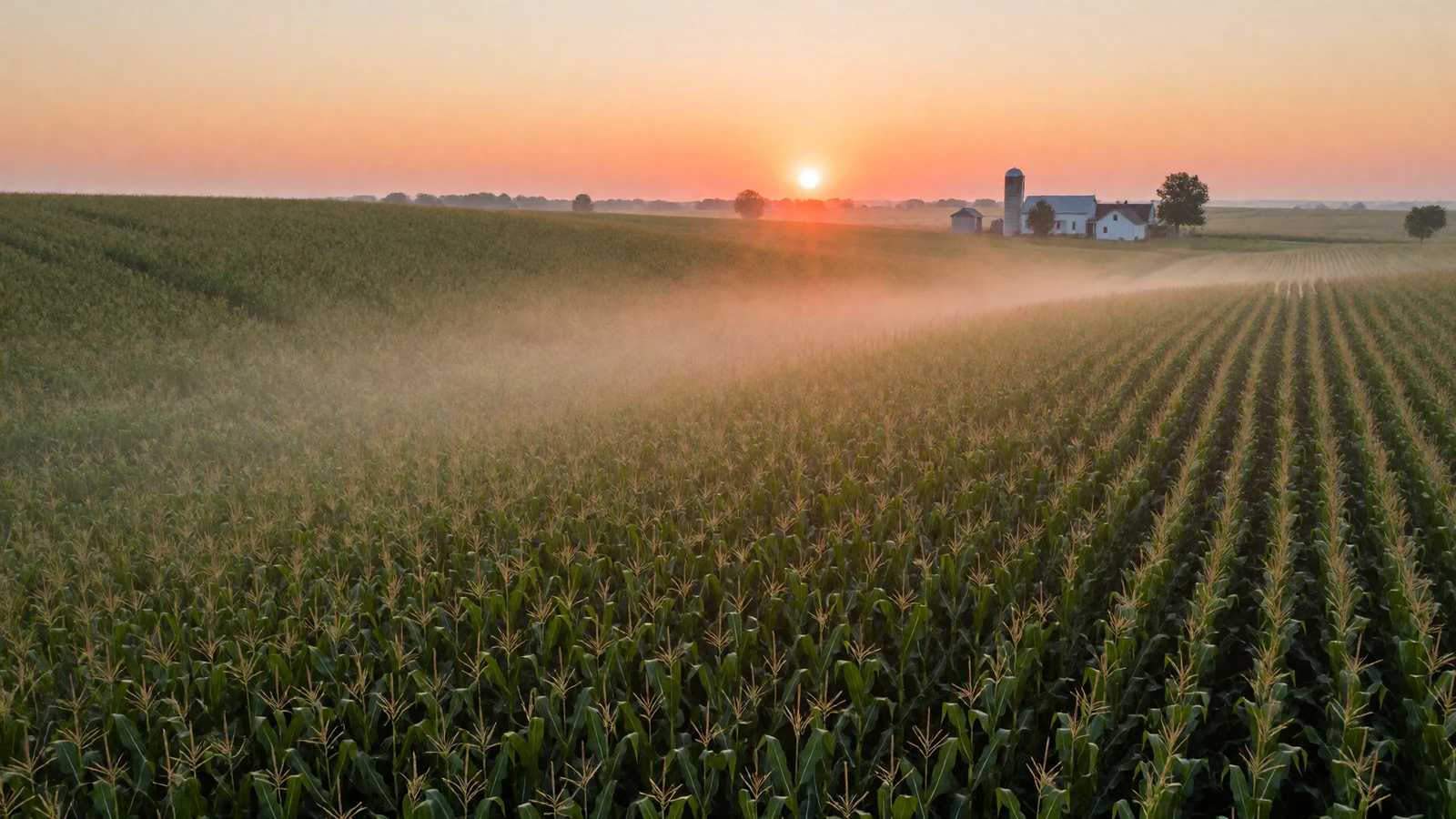 Sunrise over rolling Iowa cornfields with a distant farmhouse and grain silo, where Hawkeye State rural dating begins
