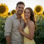 Marcus and Ellie, a young couple smiling together in a sunflower field after meeting on Farmers Connect
