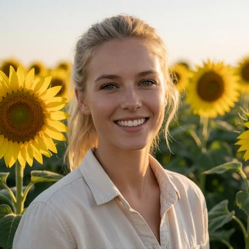 Cassie, a 27-year-old woman with a ponytail smiling in a Nebraska sunflower field