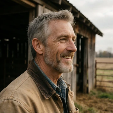 Dale, a man in his mid 50s with grey hair standing near a wooden barn on an Indiana cattle farm