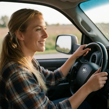 Brooke, a woman in her late 20s with blonde hair sitting in a pickup truck on a rural Indiana road