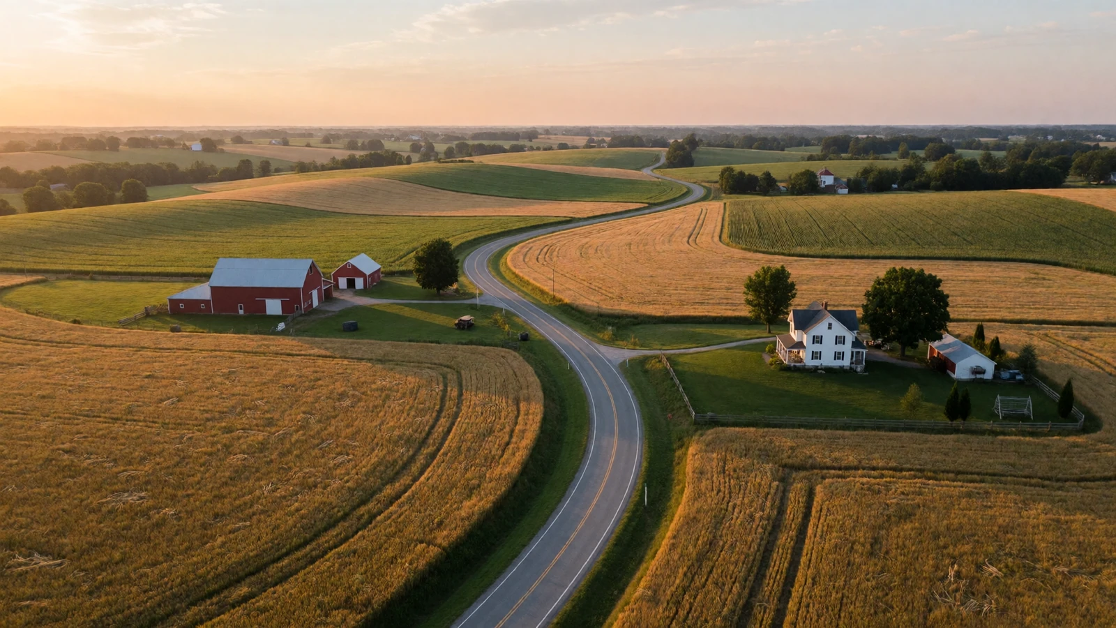 Aerial view of a winding country road at sunset linking two farmsteads across patchwork fields, the geography behind local farmers dating