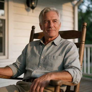 Earl, a 61-year-old North Carolina man relaxing on his white farmhouse porch