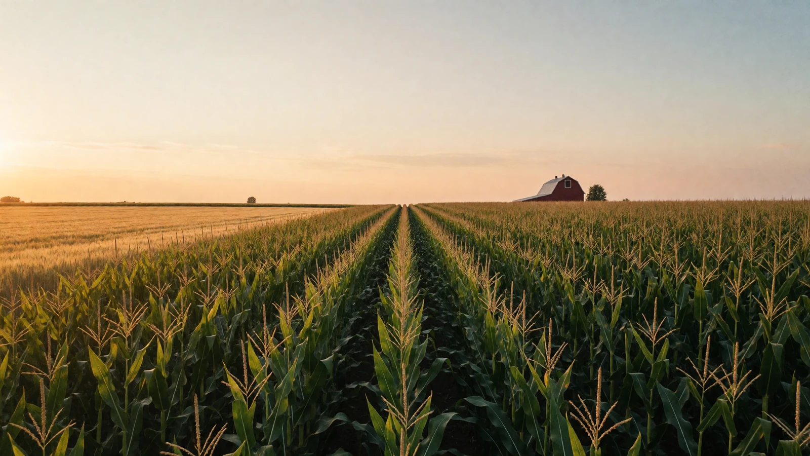 Golden hour light over a vast Indiana cornfield with a red barn in the distance where Hoosier rural dating begins