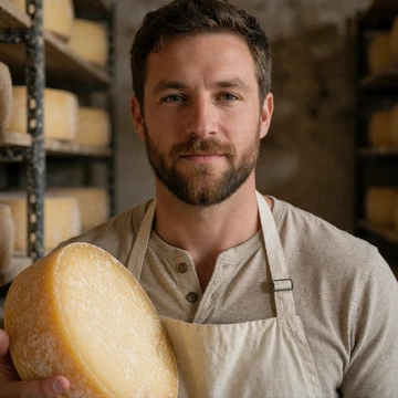 Caleb, a 36-year-old bearded man holding a wheel of aged cheese in a Wisconsin cheese cellar
