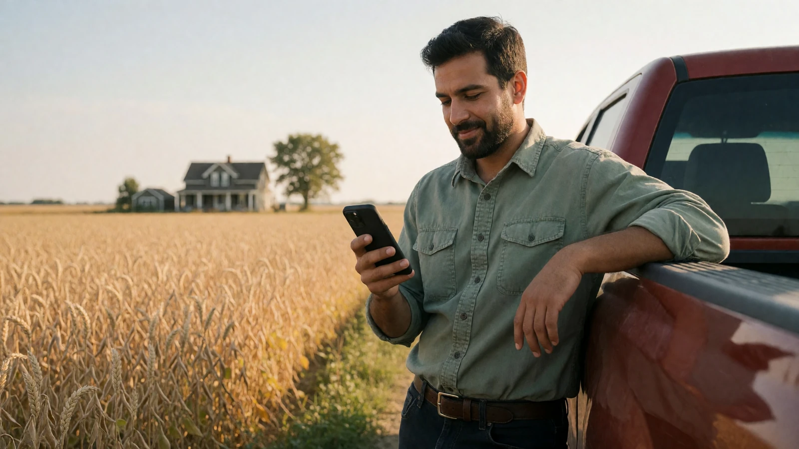 Adult man farmer checking his phone beside a pickup truck on a soybean farm, showing rural dating online