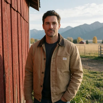 Marcus, a 44-year-old Montana barley farmer standing near a red barn with mountains behind
