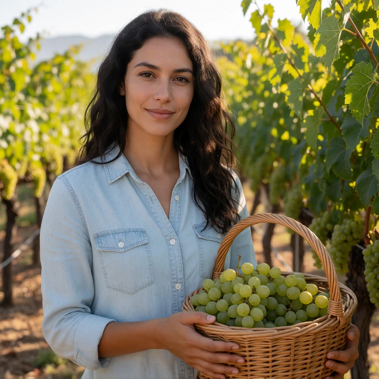 A 34-year-old California woman with dark hair holding a basket of green grapes in a sunlit vineyard