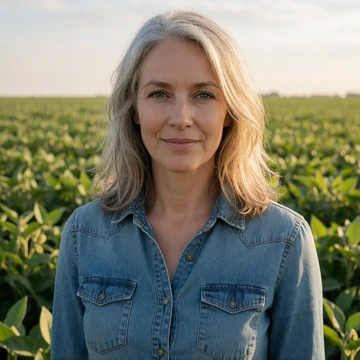 Dana, a 53-year-old Minnesota woman smiling in a sunlit soybean field on her farm