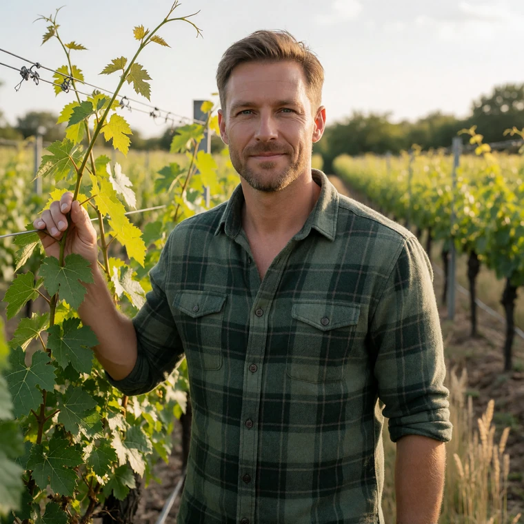 Stefan, an adult man of European descent in a green flannel shirt smiling among rows of grapevines in a sunlit vineyard