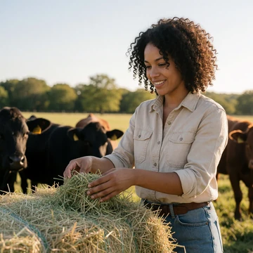 Nadia, a 34-year-old Tennessee woman feeding cattle from a hay bale in a sunny pasture