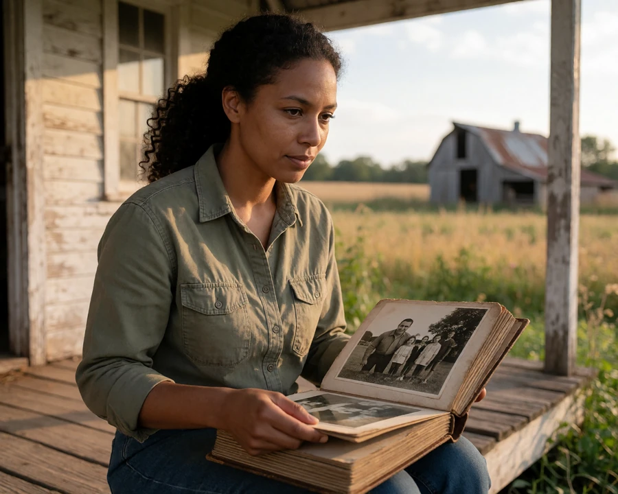 Adult female farmer viewing family albums on a porch, reflecting on agricultural heritage in country couples