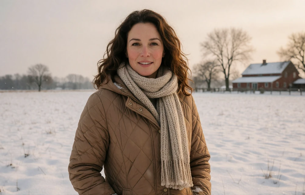A woman in a winter coat smiling in a snowy field, enjoying the calmer winter season when farm couples have real time together