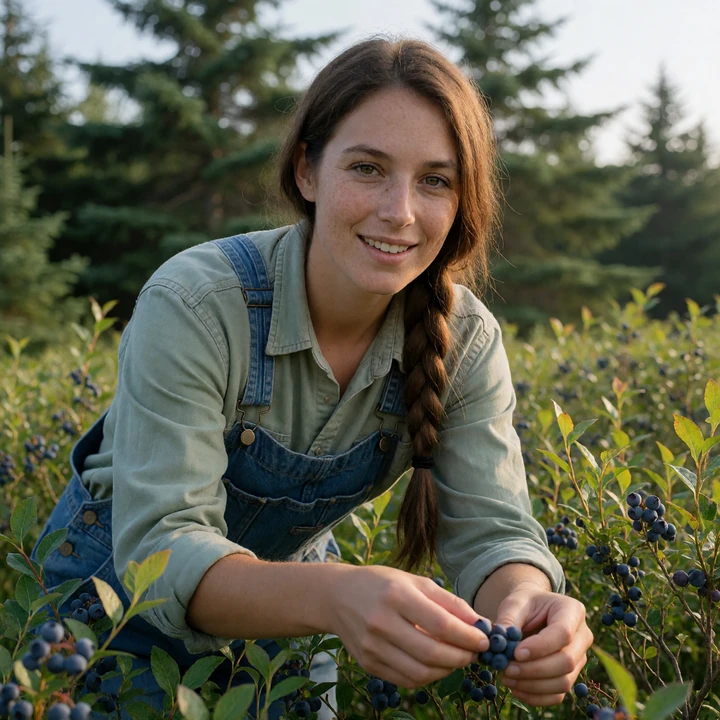 Lena, a 30-year-old Maine woman farmer picking blueberries in a rural berry field