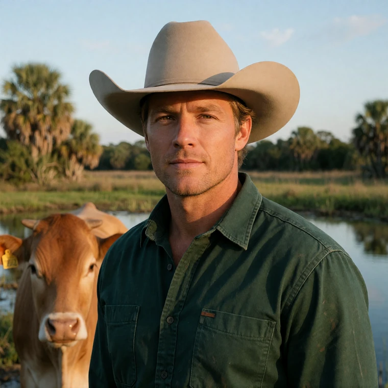 Wade, a 42-year-old Florida rancher in a cattle pasture for a farmers dating profile