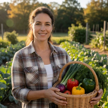 Denise, a 44-year-old North Carolina woman holding a basket of fresh vegetables from her farm