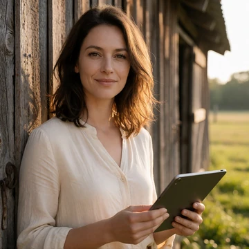 Eleanor, a 38-year-old woman with elegant hair holding a tablet near a wooden barn