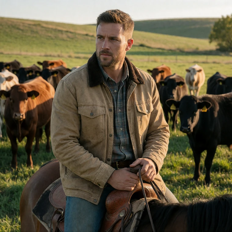 A Missouri male rancher in his 30s on horseback surveying his herd of cattle on a green Ozark pasture