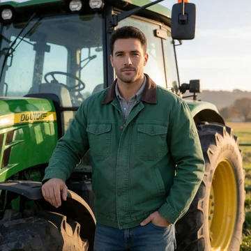 Marcus, a 33-year-old North Carolina man standing beside his tractor on a Piedmont farm