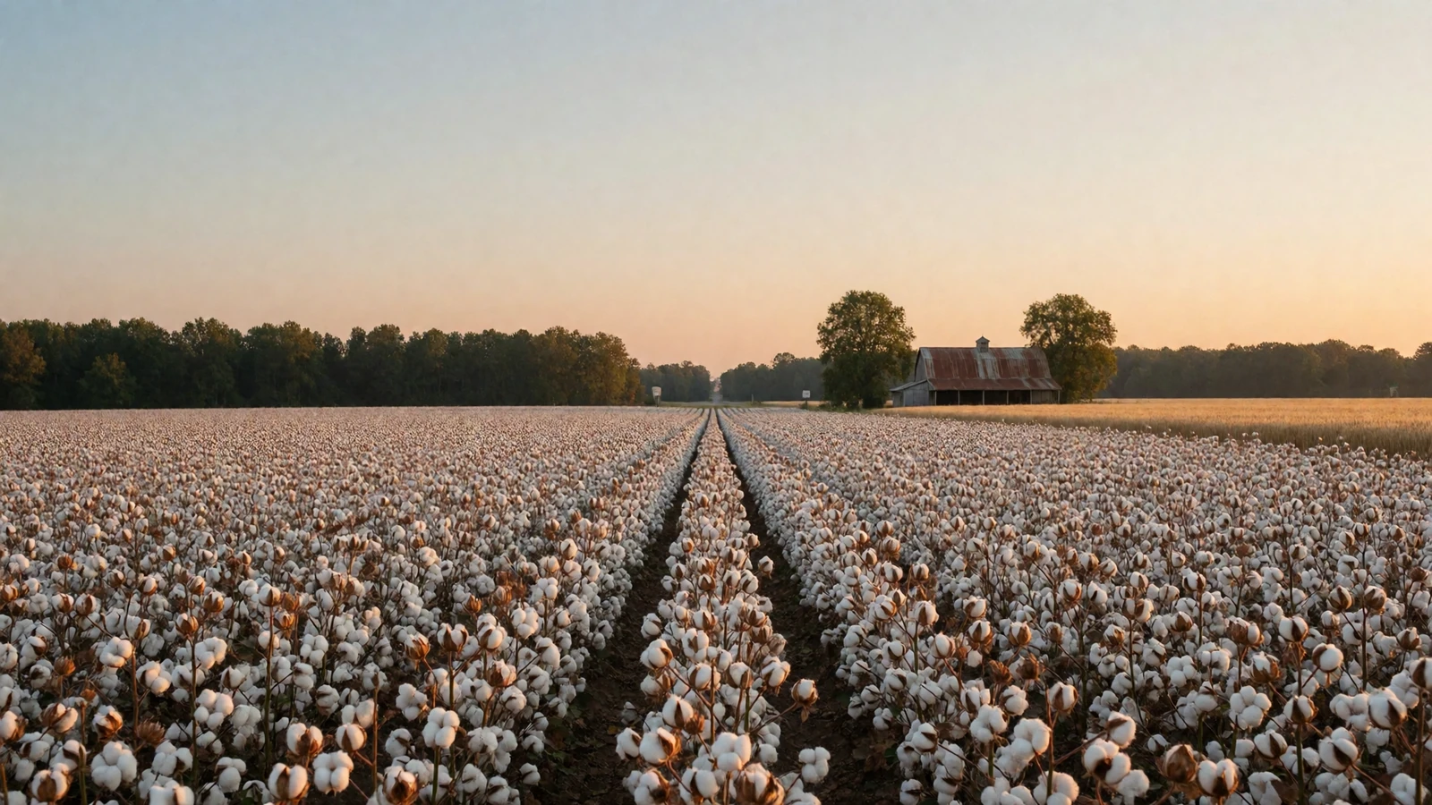 Golden hour cotton field in Alabama with rows of white bolls where Alabama farmers dating begins
