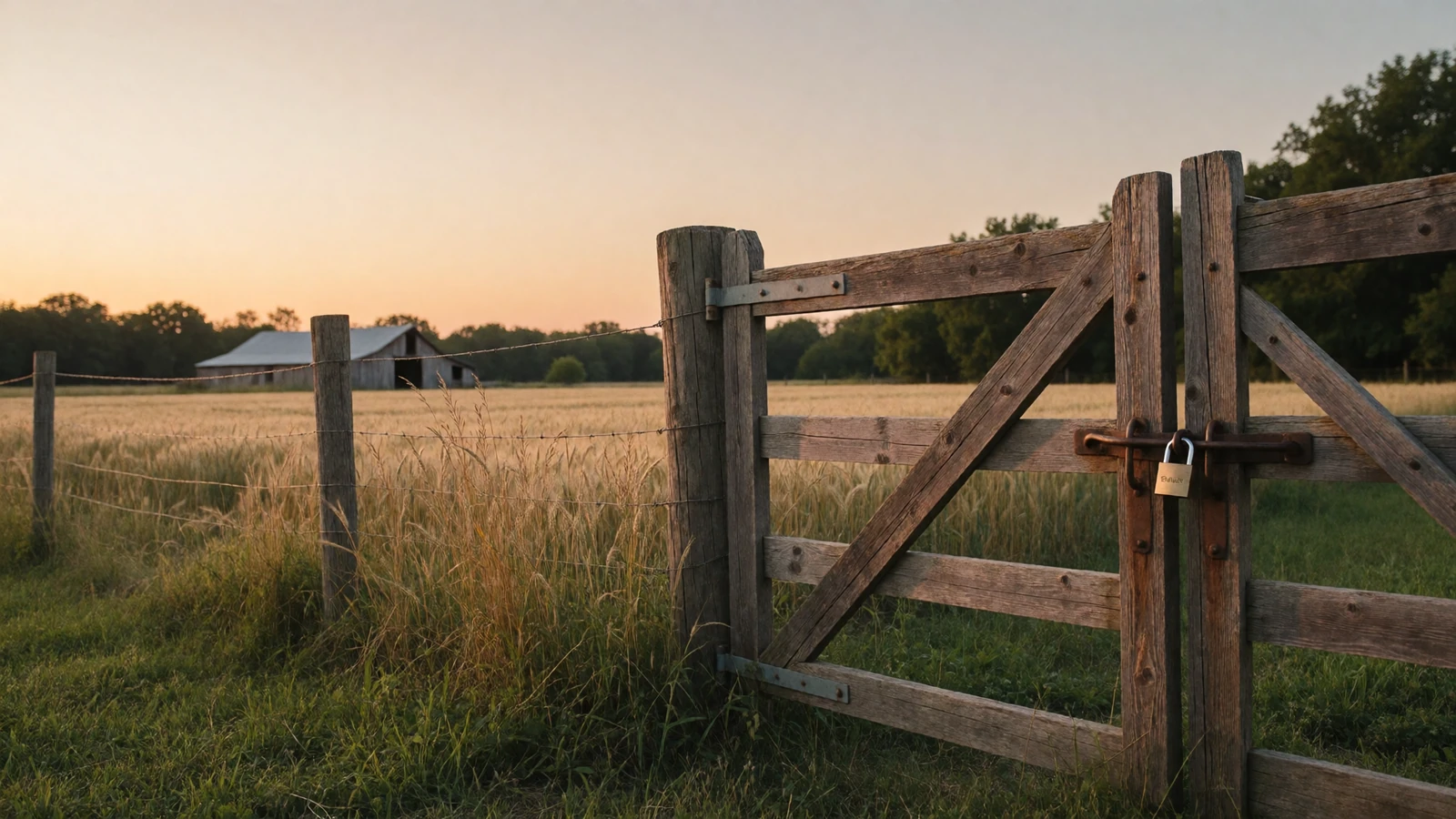 A locked wooden farm gate at dusk on a rural property, representing privacy and data control on Farmers Connect