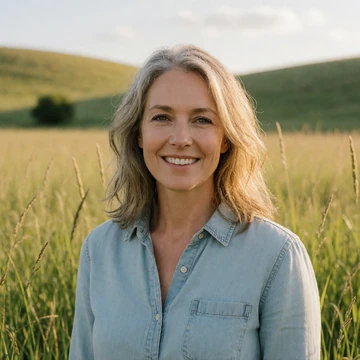 Rhonda, a 52-year-old Arkansas woman smiling in a sunlit pasture on her cattle farm