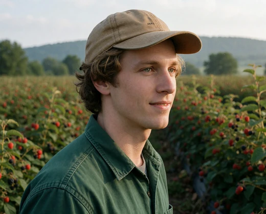 Noah, a young Jewish male farmer smiling in a berry field