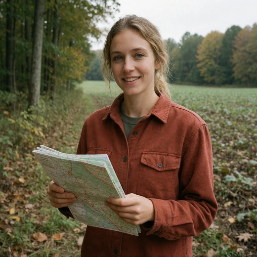 Lena, a 29-year-old West Virginia woman holding a forestry map near managed hardwood forest
