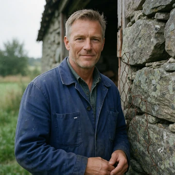 Henrik, an adult man of Scandinavian descent in a blue work jacket standing beside an old stone barn