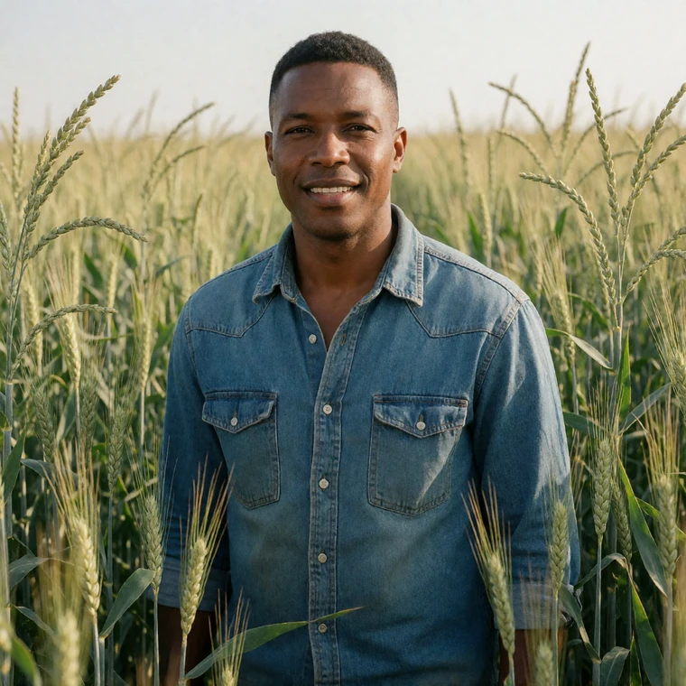 A 42-year-old black man in a denim shirt smiling among tall green crops in a sunlit field
