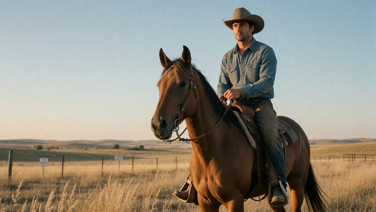 Adult cowboy riding a horse across an open cattle ranch at dawn for a guide to dating a cowboy