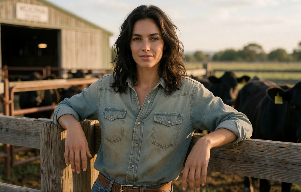 Adult female rancher leaning against a corral fence on a working cattle ranch in warm evening light