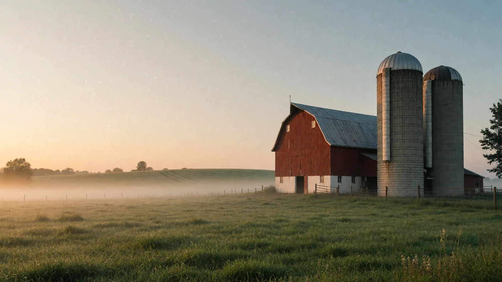 Wisconsin dairy farm with a red barn and silos at dawn where Dairyland rural dating begins