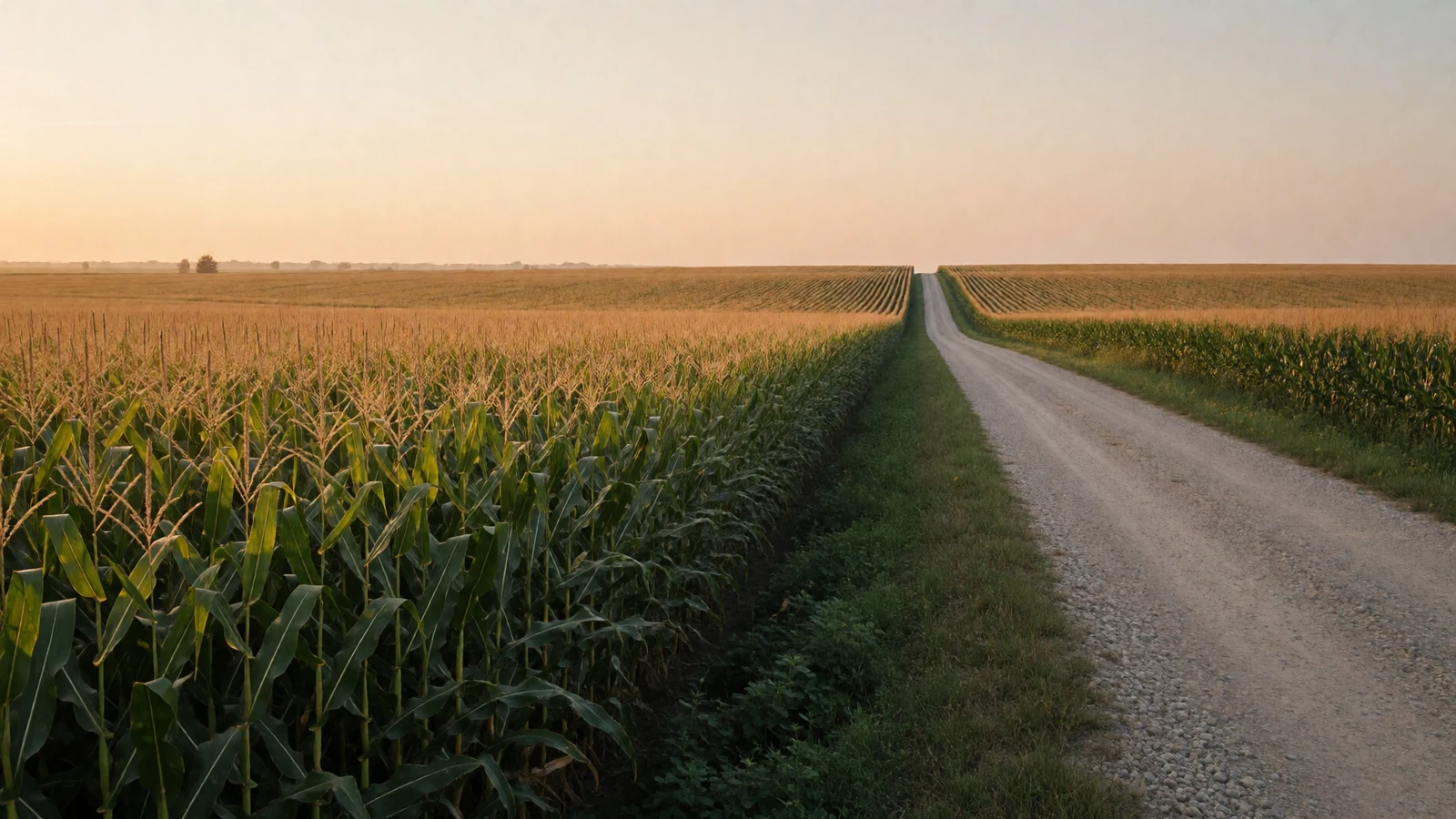 Endless Illinois corn rows glowing at golden hour along a gravel country road where Prairie State rural dating begins