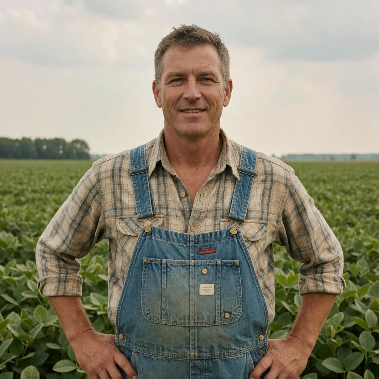 A 50-year-old Iowa farmer in denim overalls standing in a green soybean field under an overcast sky