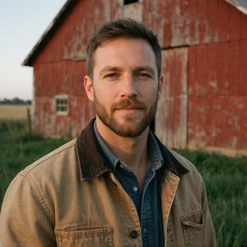 Caleb, a 38-year-old bearded man standing in front of a red barn on his Cedar Falls farm