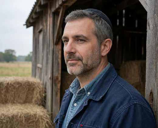 David, a Jewish male farmer wearing a kippah near a wooden barn