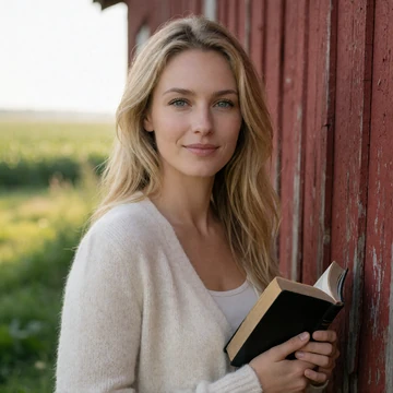 Grace, a 32-year-old blonde woman holding a Bible beside a red barn on her Iowa grain farm