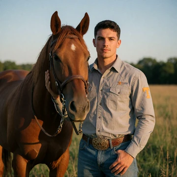 Levi, a 26-year-old Tennessee man standing beside a chestnut horse in a Middle Tennessee pasture