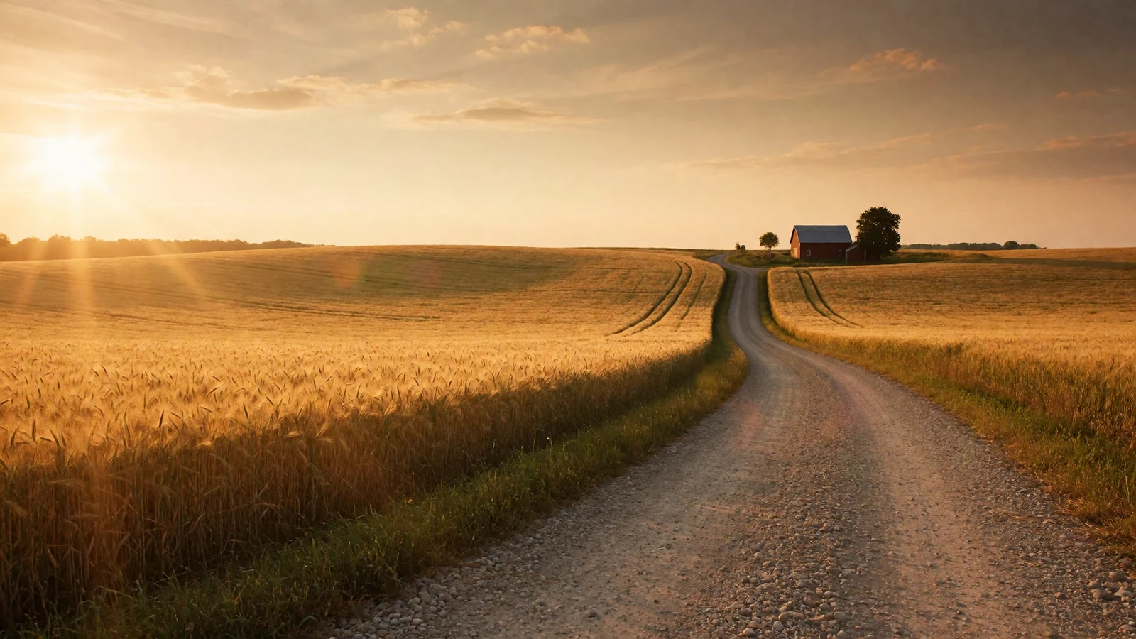 Golden hour view of a country road curving through wheat fields toward a distant barn, the open landscape where rural dating begins