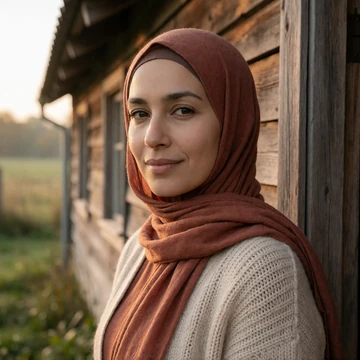 Layla, an adult woman in a terracotta hijab and cream cardigan smiling near a wooden farmhouse