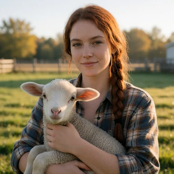 Kayla, a 26-year-old Minnesota woman holding a lamb in a sunny farmyard