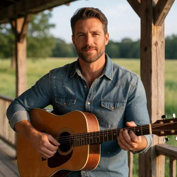 Wyatt, a 44-year-old Tennessee cattle farmer holding an acoustic guitar on his farmhouse porch