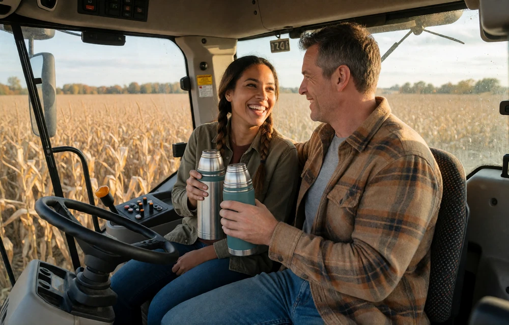 Adult farm couple sharing a thermos in a combine cab during an autumn farm date