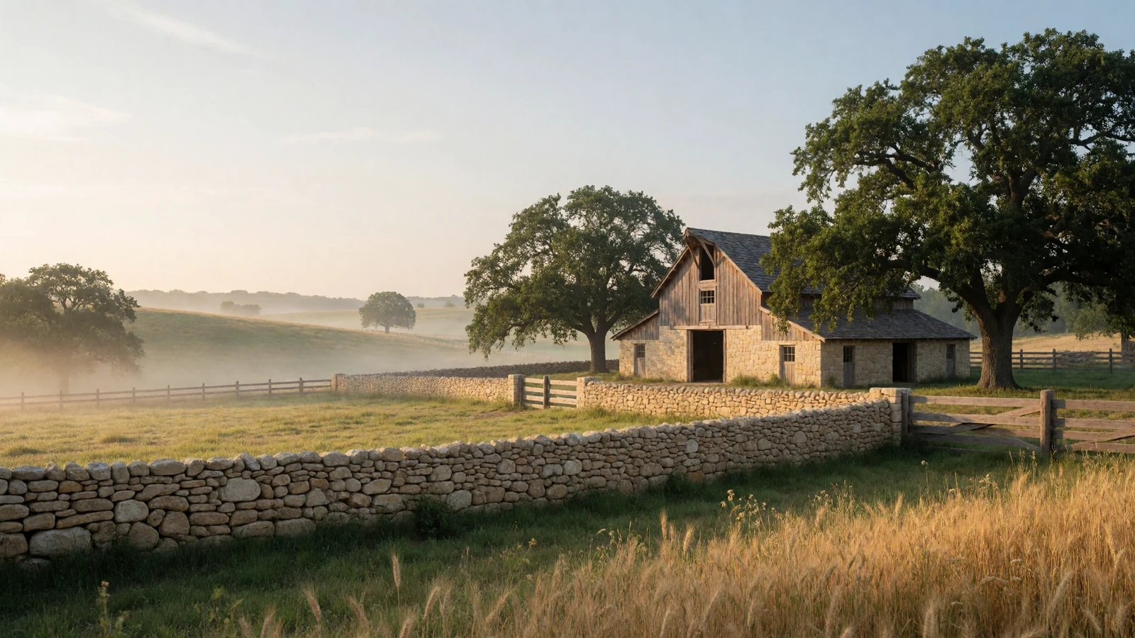 Rustic European-style farm with stone walls, green pastures, and a timber barn at golden hour, the setting for European farmers dating